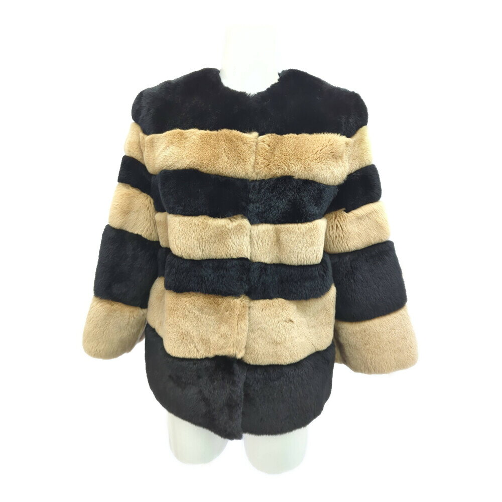 Max Mara Studio マックスマーラステュディオ ボーダー ファーコート ノーカラーコート 64660243 07 US6 ブラウン×ブラック 【秋冬】【♀】【A】【レディース】/b260310★■608333【中古】