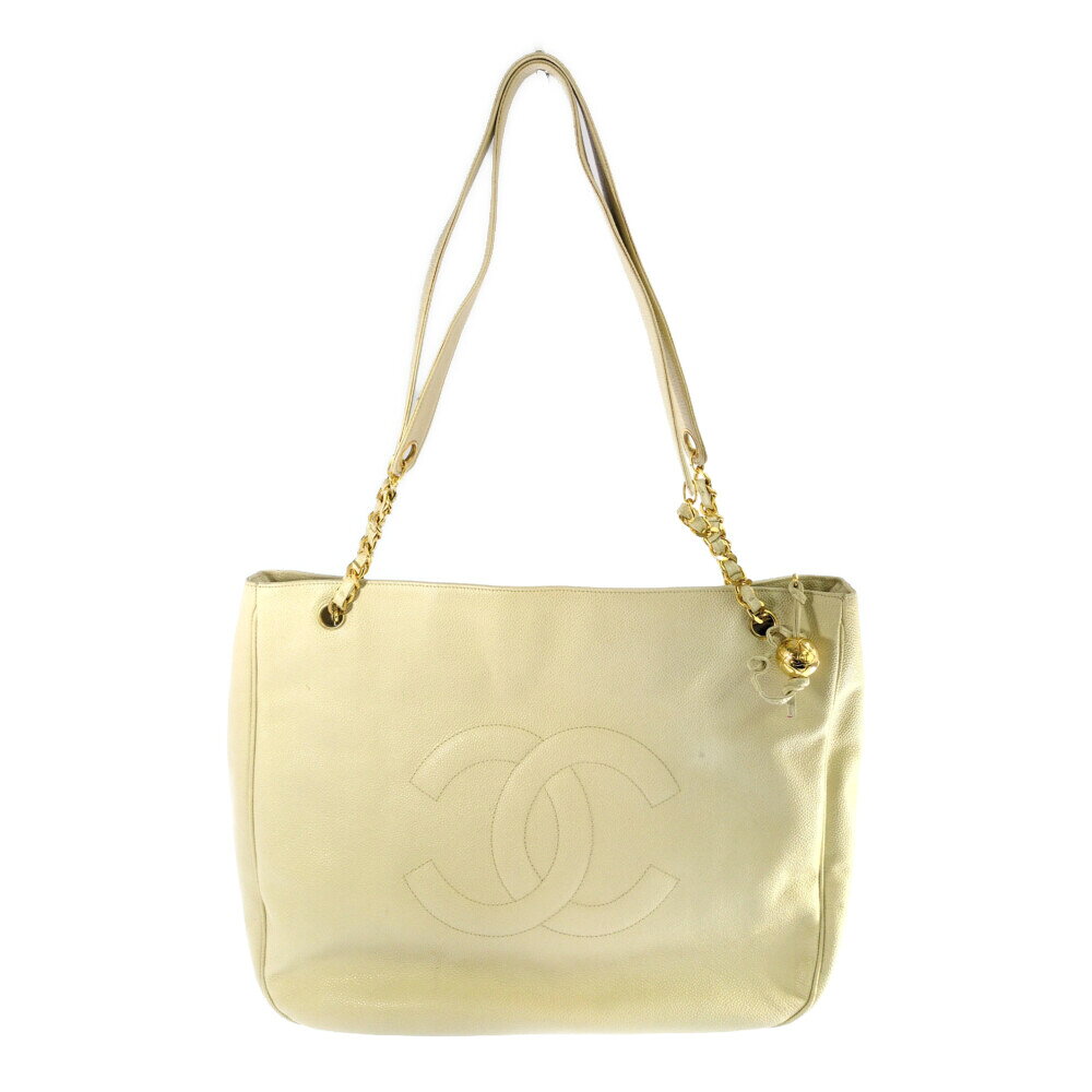 CHANEL シャネル キャビアスキン デカココ チェーン トートバッグ ココマーク ベージュ ゴールド金具 ヴィンテージ 【オールシーズン】【♀】【B】【レディース】/b260422★■612542【中古】