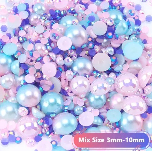 送料無料《大容量パック》ハーフパール ブルー パープル系 MIX カラーB ユニコーン 3mm〜10mm 社交ダンス バレエ 新体操 衣装 ドレス アクリル製 クリスタルストーン ビジュー ストーン パーツ…