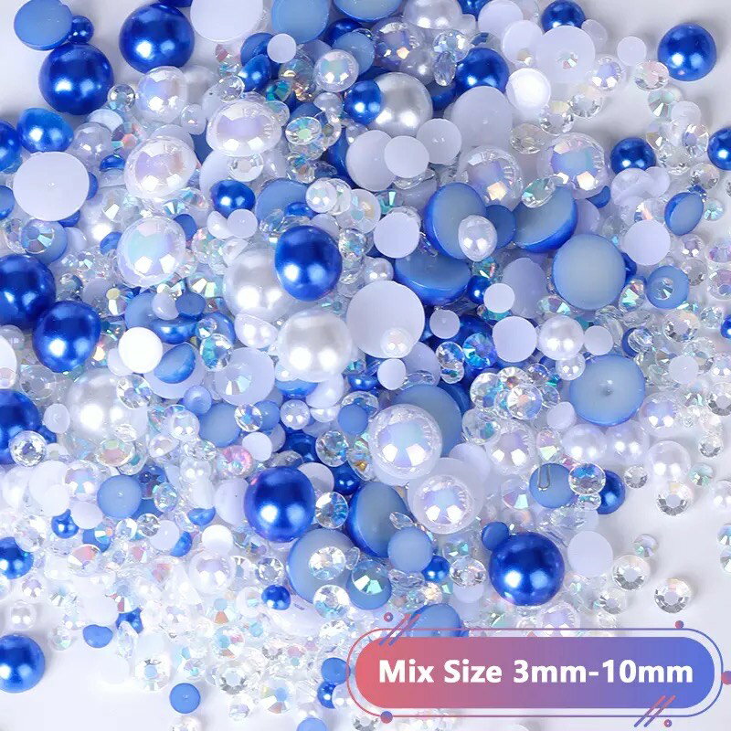 送料無料《大容量パック》ハーフパール ブルー系 MIX カラーW スノークイーン 3mm〜10mm 社交ダンス バレエ 新体操 衣装 ドレス アクリル製 クリスタルストーン ビジュー ストーン パーツ フラ…