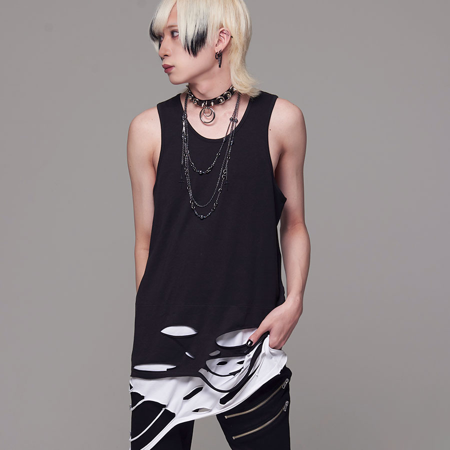 タンクトップ ヴィジュアル系 ビジュアル系 V系 Visualkei メンズ 服 ファッション タンク ロングタンク ロング丈 クラッシュ加工フェイクレイヤードタンクトップ Tanktop ダメージ 地雷系 全4色 送料無料 ロック 新発売 モード系 ノースリーブ Civarize