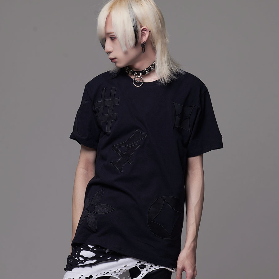 Tシャツ 半袖tシャツ トップス メンズ レディース V系 服 ファッション 地雷系 メンヘラ サブカル系 韓国系 ルームウェア ストリート M 白 ホワイト 格安販売中 黒 病み ユニセックス ブラック 異素材ワッペン総柄クルーネック半袖tシャツ Select Cv 全2色 送料無料 L