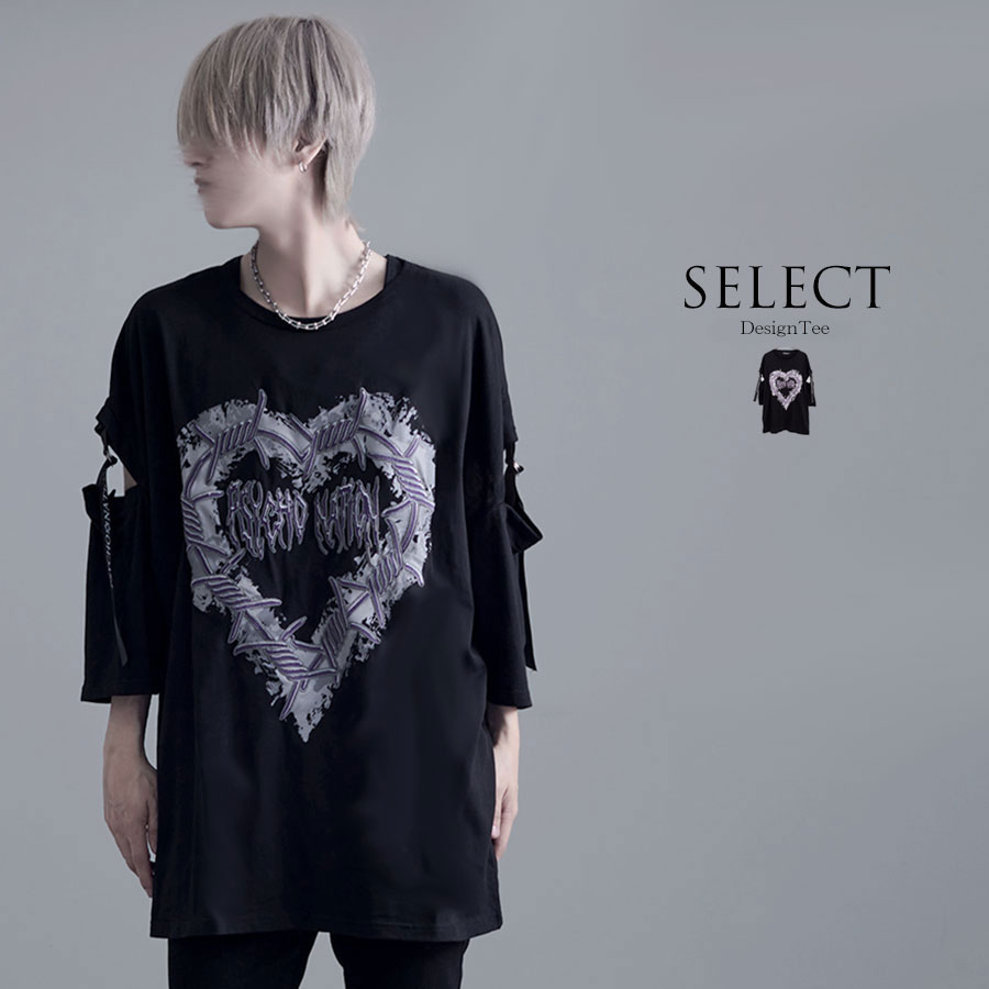 CV Select【シーブイセレクト】PSYCHO NATIONカッティングショルダーハート刺繍Tシャツ/全1色 Tシャツ 半袖 ビッグT トップス メンズ レディース V系 地雷系 メン地下 服 ファッション サブカル系 ヴィジュアル系 病み ブラック 黒 サイコネーション ホスト系 パープル 紫