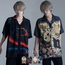 カジュアルシャツ メンズ おしゃれ 大きいサイズ 半袖 半袖シャツ 開襟シャツ アロハシャツ 浮世絵 和柄 総柄 プリント 髑髏 ドクロ 風神雷神 V系 倭物や カヤ 服 ファッション