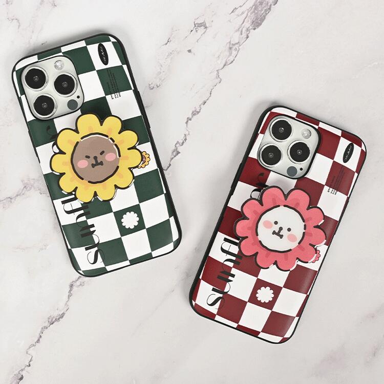 TM サンフラワーチェッカボード スマホグリップ iPhone Galaxy マグネット カード ドア バンパー ケース カバー スマホケース スマホスタンド かわいい グリップホルダー スマホリング シンプル スタンド ホルダー 落下防止 携帯スタンド スマホ グリップスタンド