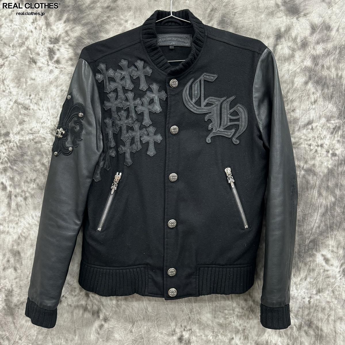 【中古】【JPタグ】CHROME HEARTS/クロムハーツ LETTERMAN JVP/レターマン CHマルチレザーパッチ レザースリーブ ブルゾン/ジャケット/S