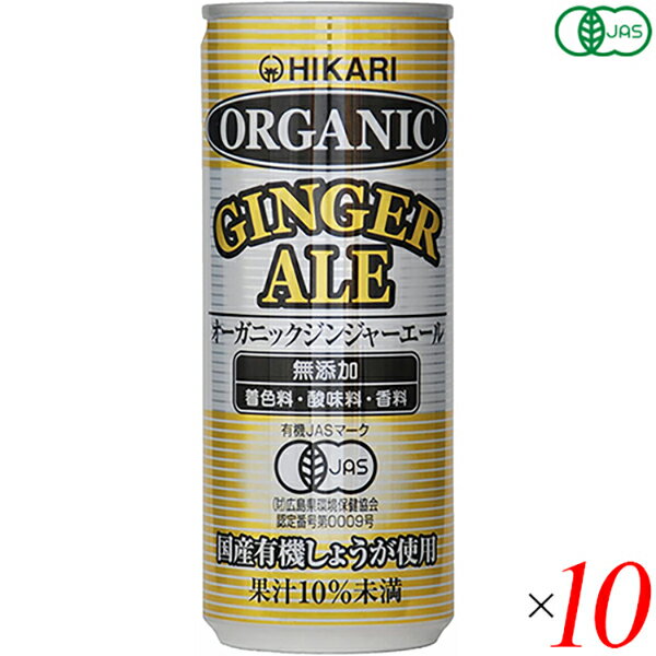 【スーパーSALE！100円クーポン！学割2倍！】ジンジャーエール 缶 辛口 ヒカリ オーガニックジンジャーエール 250ml 10本セット