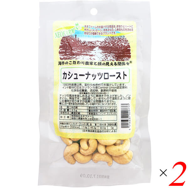 カシューナッツロースト 60g 2個セット ネオファーム 無塩 素焼き ノンオイル 送料無料