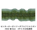 #032 グリーン 24mm幅 センター オーガンジー ダブル フリル リボン(フリルリボン) 巻(5m) 3サイズ10色展開 ハンドメイド DIY 手芸 クラフト 材料 資材 リメイク Ribbon Bon/