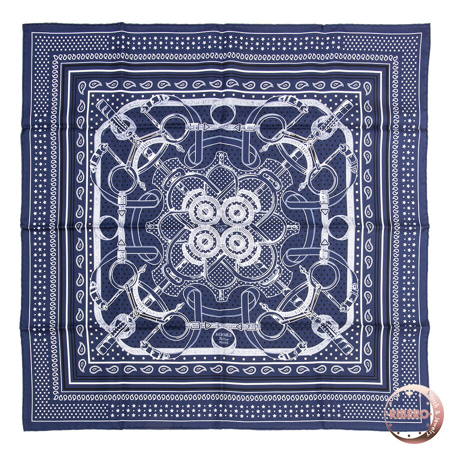 HERMES エルメス カレ70 Eperon d'Or Bandana エプロンドールカット バンダナ 182978S 04 スカーフ ブルー ブラック【中古】のサムネイル