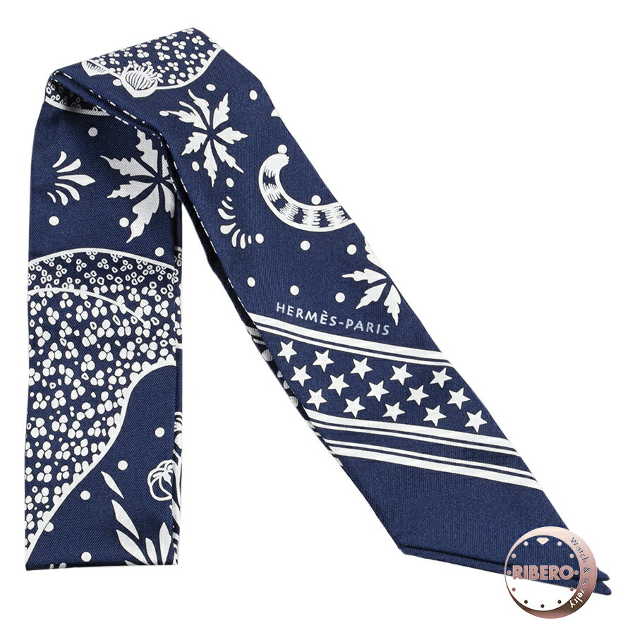 HERMES エルメス Les Leopards Bandana レオパード・バンダナ 063350S 02 ツイリー スカーフ ネイビー ホワイト【中…