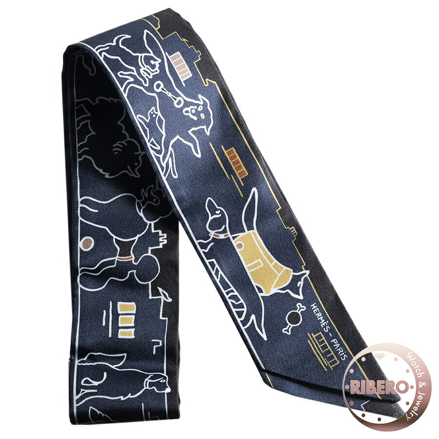 HERMES エルメス Les Chiens Parisiens パリジャンの犬 064116S 01 ツイリー スカーフ ネイビー ブラウン【中古】のサムネイル