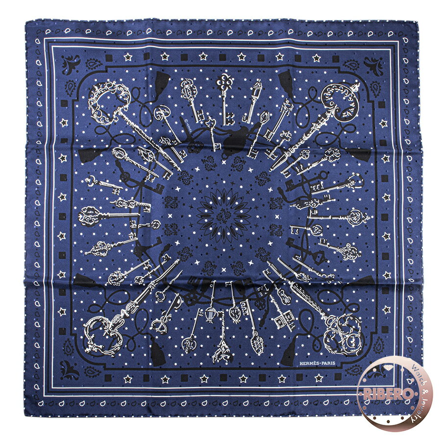 HERMES エルメス カレ55 Les Cles Bandana レ・クレ・バンダナ 043984S 07 スカーフ ブルー ホワイト【中古】のサムネイル