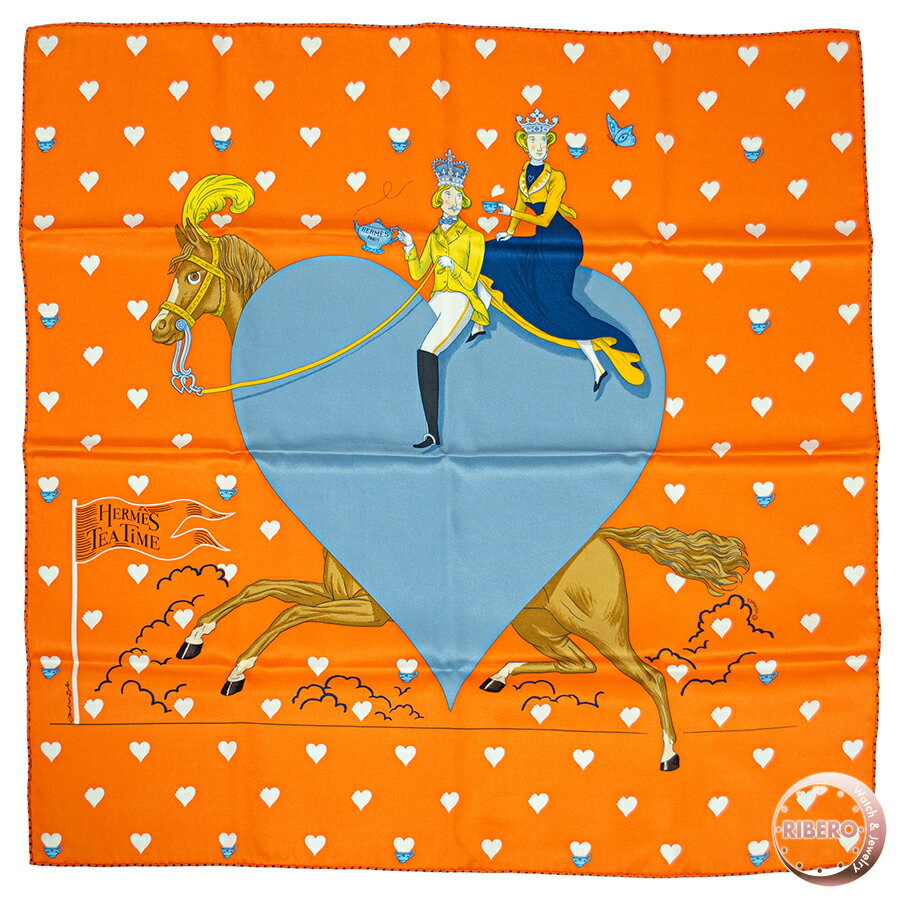 Rakuten - HERMES エルメス スカーフ カレ70 Tea Time ティータイム 943782S 2021AW ハート シルク オレンジ グレー【中古】