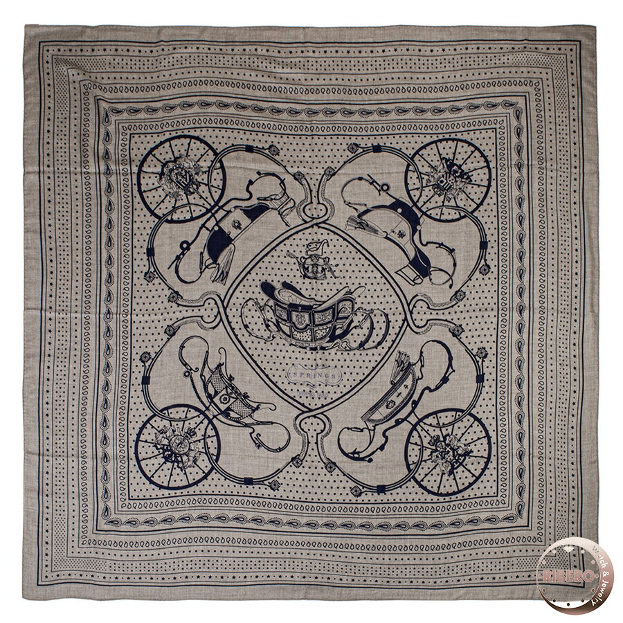 HERMES エルメス カレジェアン　Springs Bandana スプリングス バンダナ 243783S 06 スカーフ ショール ストール カレ140 カシシル　2022AW ベージュ ネイビー【中古】のサムネイル
