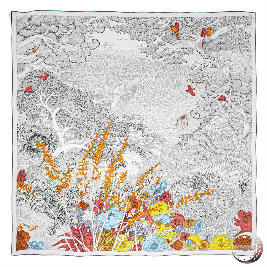 【未使用】HERMES エルメス カレジェアン Retour a la Nature 自然回帰 243854S 08 スカーフ ストール ショール　カレ140　2023SS ホワイト マルチカラー【中古】のサムネイル