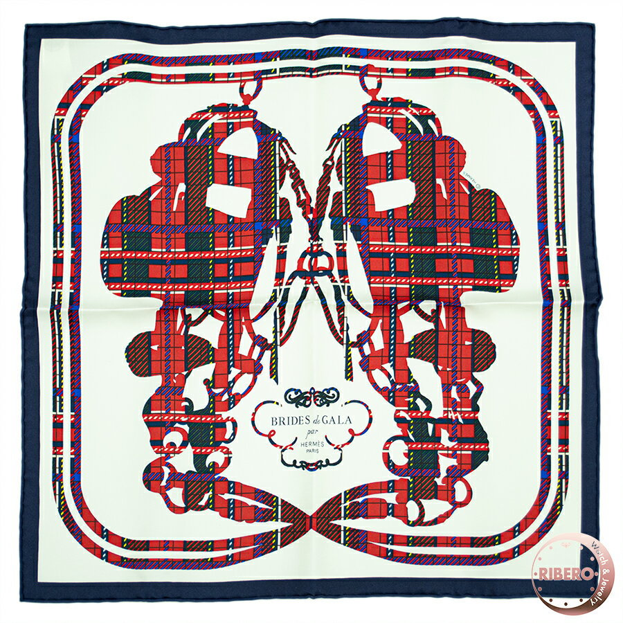 Silk - 【未使用】HERMES エルメス スカーフ カレ45 ガヴロッシュ Brides de Gala Tartan ブリッド ドゥ ガラ タータン 894052S 10 2023AW シルク ネイビー ホワイト【中古】