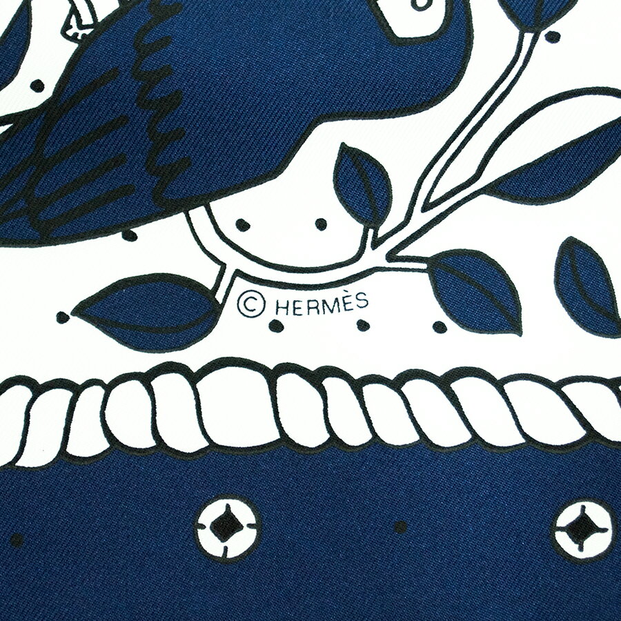 HERMES エルメス カレ55 Animaux Bandana アニマル バンダナ 044100S 01 スカーフ ネイビー ホワイト【中古】