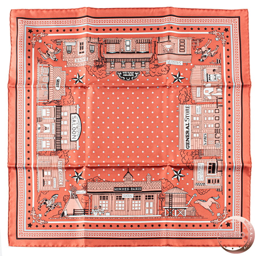 【未使用】HERMES エルメス カレ55　Hermes Paris Station Bandana エルメス パリステーション バンダナ 043455S 08 スカーフ オレンジ グレー【中古】のサムネイル