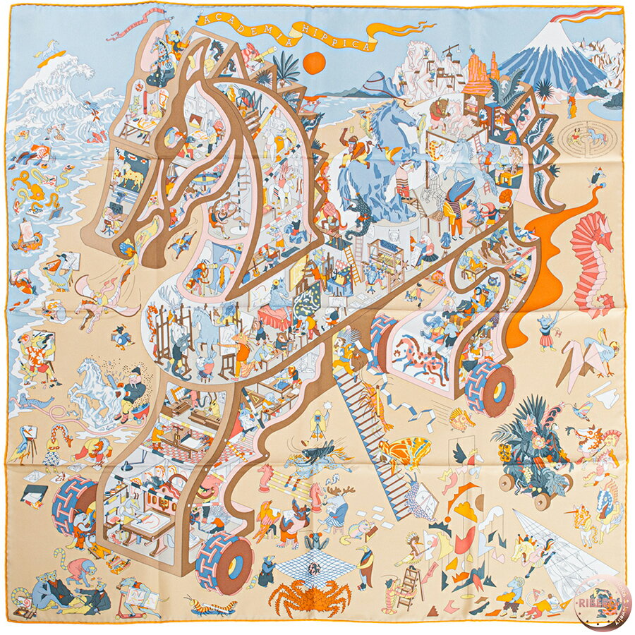 HERMES エルメス カレ90 Academia Hippica アカデミア イピカ 004281S 02 スカーフ 2025AW ベージュ ブルー【中古】のサムネイル