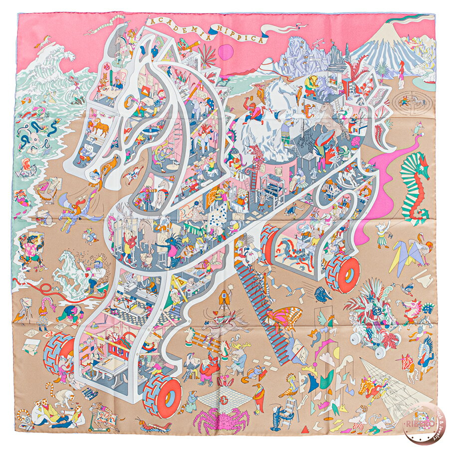 HERMES エルメス カレ90 Academia Hippica アカデミア イピカ 004281S 06 スカーフ 2025AW ベージュ ピンク【中古】のサムネイル