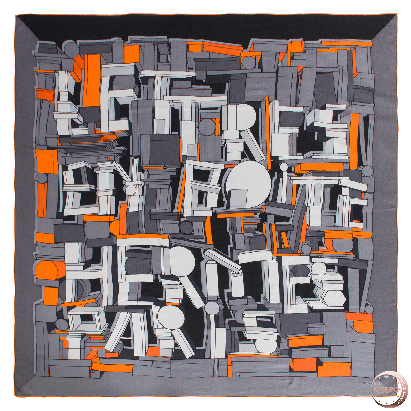 HERMES エルメス スカーフ カレ140 Lettres en Boite レットル アン ボワット 553769T 14 ショール ストール カシミヤ シルク グレー オレンジ【中古】