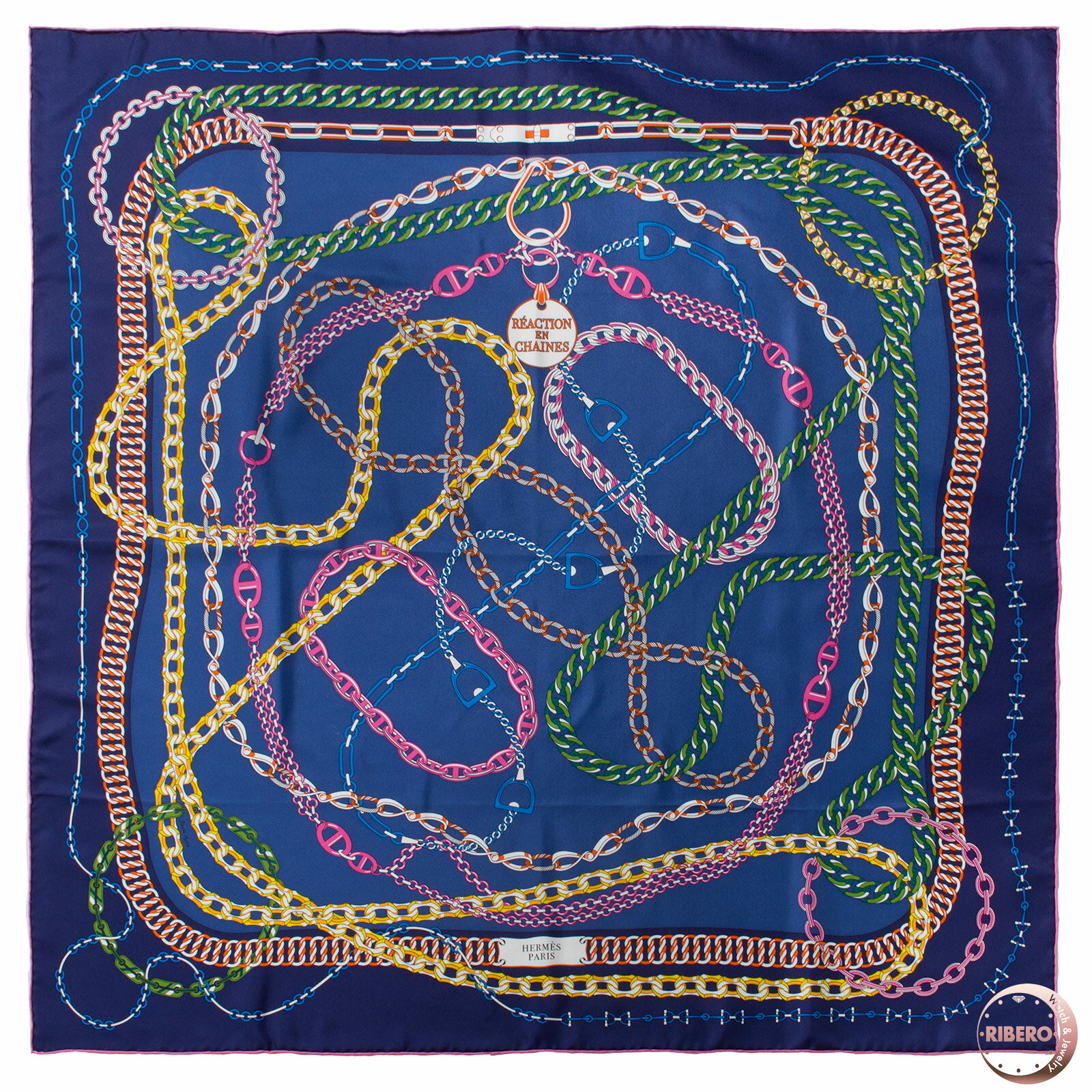 【未使用】HERMES エルメス カレ90 Reaction en Chaines レアクション アン シェーヌ スカーフ 003687S 04 2021SS シルク ネイビー マルチカラー【中古】