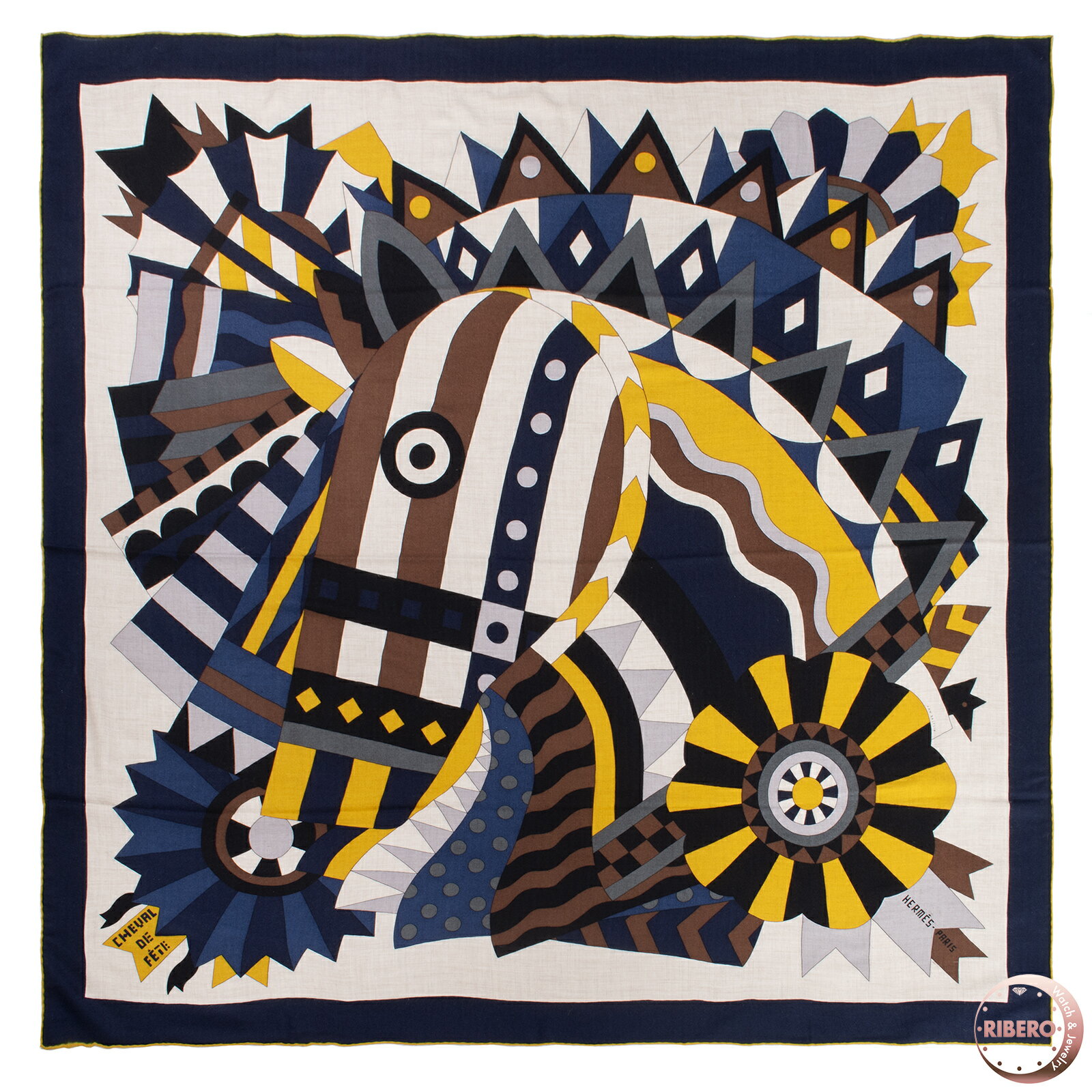HERMES エルメス スカーフ カレ140 カレジェアン Cheval de Fete シュヴァル ドゥ フェット 243748S 03 カシシル ストール ショール カシミヤ シルク ネイビー イエロー【中古】