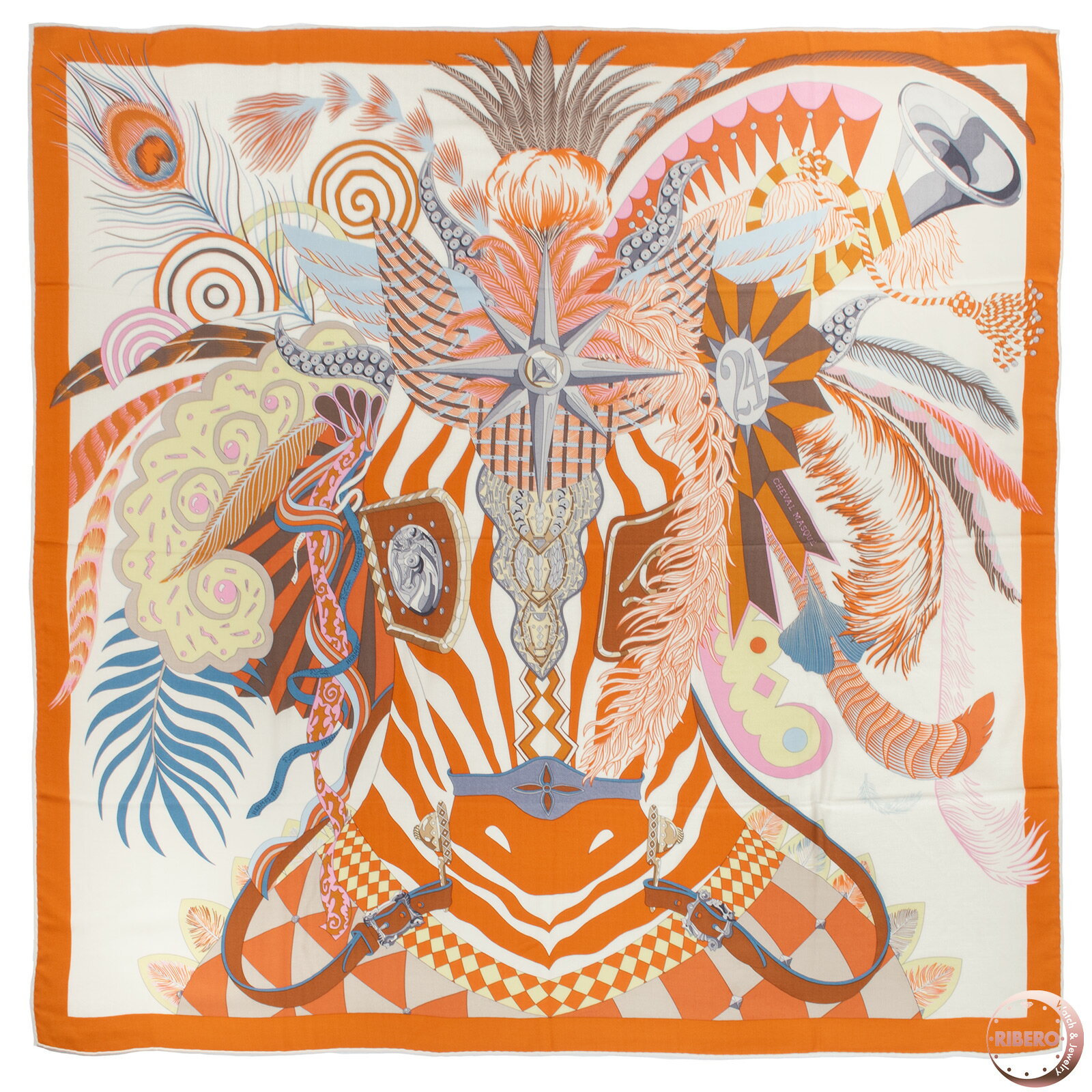 樂天商城 - HERMES エルメス スカーフ カレ140 カレジェアン Cheval Masque シュヴァル マスク 244305S 03 カシシル ストール ショール カシミヤ・シルク オレンジ ホワイト【中古】