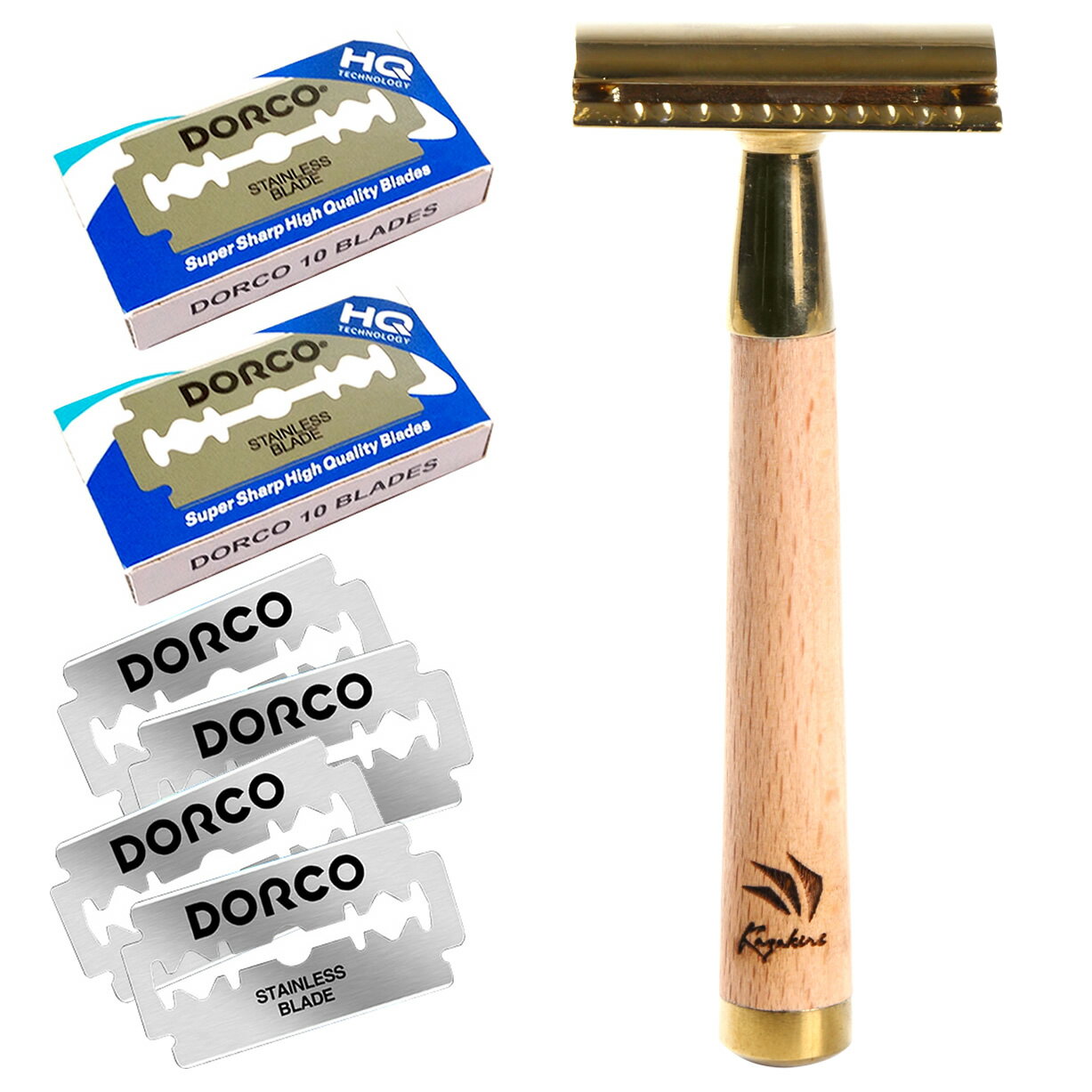 \店内全品★P10倍!/【感動深剃り】両刃カミソリ W Ouro 木製ハンドル 剃刀 髭剃り 顔剃り 替刃20枚付き メンズ フェイス ボディ スネ毛 ムダ毛 ...