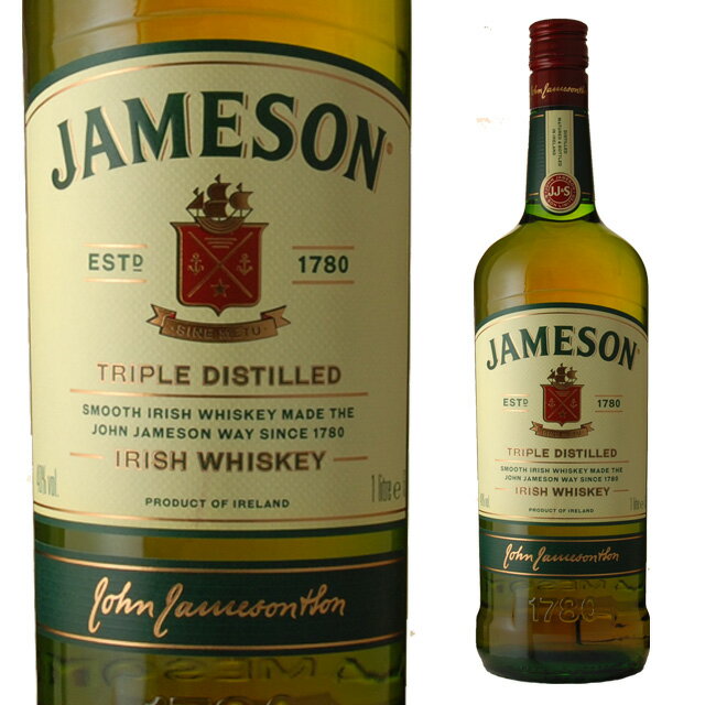 JAMESON IRISH WHISKEY単式蒸留ウイスキーと上質のグレーンウイスキーをブレンドしたもので、スムーズな口当たりとさまざまな飲み方をお楽しみいただけます。蒸留を 3 回繰り返し、4 年以上熟成したこのウイスキーは、緑色のボトルで知られる不朽の名作です。ほのかなフローラルにスパイシーなウッディネスと甘みがちりばめられた香りです。 スパイシー、ナッツ、バニラの香りの絶妙なバランスの中に、シェリーの甘味がほのかに混ざり、すばらしく滑らかな味わいです。【ジェムソン一覧はこちら】-----------------------------------------------------------------------【産地】アイルランド【生産者】ジョンジェムソン＆サン社【度数】40度【容量】1000ml-----------------------------------------------------------------------お酒 引越し 挨拶 就職祝い 退職祝い 結婚祝い 新築祝い 快気祝い 全快祝い還暦祝い 長寿祝い 内祝い開店祝い お返し 手土産 ディナーパーティ 誕生日 ギフト 引出物 記念品 ゴルフコンペ 御中元 お中元 お歳暮 御歳暮 暑中見舞い 残暑見舞い 年末年始 お正月 父の日 母の日【ギフト包装はこちら】