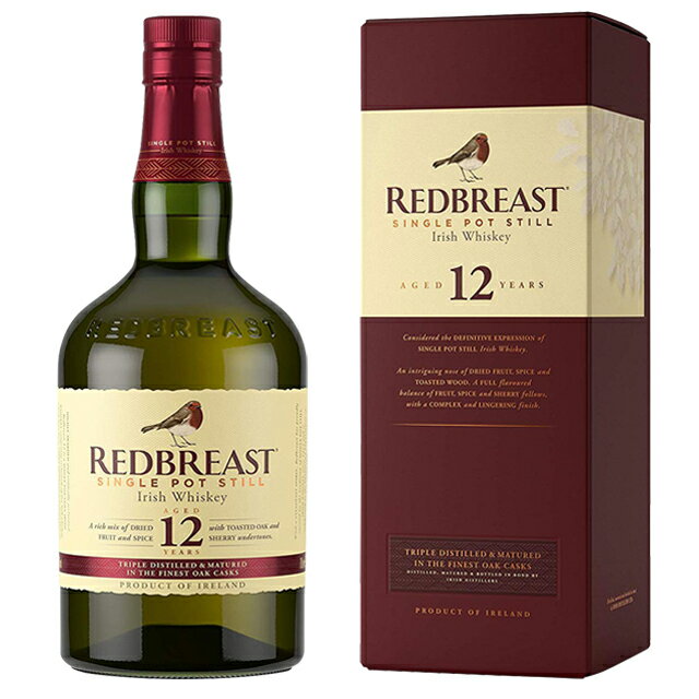 RED BREAST 12"レッドブレスト"は1世紀以上にわたりアイルランド独自の伝統的な製法スタイルを守り続けています。アイリッシュスピリッツを忠実に表現しているシングルポットスチルのアイリッシュ・ウイスキーです。"REDBREAST レッドブレスト" とはコマドリの赤い胸のことでシェリー樽の熟成によってウイスキーが赤みを帯びることにちなんでいます。モルトと未発芽の大麦を原料とし伝統的な銅製のポットスチル（単式蒸留器）で3回蒸留して造られ豊かでクリーミーな口あたりとオロロソ・シェリー樽由来の重厚でドライフルーツのような風味が特長のアイリッシュ・ウイスキーです。"シングルポットスチル アイリッシュ・ウイスキー"とはアイルランド南部のコーク市郊外にあるミドルトン蒸留所独自のものでアイリッシュ・ウイスキーの典型とされるスタイルです。"レッドブレスト 12年"はSWSC 2016 金賞受賞WWA 2016 金賞受賞はっきりとしたトーステッドウッドの香りが伴うスパイシーでフルーティーかつ複雑なアロマです。豊かな風味と複雑さスパイシー、クリーミー、フルーティー、シェリーそして トーステッドノートの絶妙なバランスがすばらしいです。最後に複雑な風味が舌に残るような十分に長く愉しんでいただける余韻が特徴的です。----------------------------------------------------------------------- 【産地】 アイルランド 【生産者】 ミドルトン蒸留所 【度数】 40度 【内容量】 700ml -----------------------------------------------□お酒 引越し 挨拶 定年退職 退職祝い お返し 還暦祝い ディナー 男性 女性 父 母 彼氏 ギフト 内祝い 退職 お礼 誕生日 プレゼント 結婚祝い ウイスキー アイリッシュ ウィスキー 洋酒結婚引出物 結婚内祝い 結婚御祝い 快気祝い 全快祝い 新築内祝い 上棟祝い 長寿祝い 就職内祝い 他各種内祝い・お返し 新築祝い 初老祝い 古稀祝い 喜寿祝い 傘寿祝い 米寿祝い 卒寿祝い 白寿祝い 長寿祝い お返し お中元・お歳暮 年始挨拶 ゴルフコンペ 記念品 賞品 暑中見舞い 残暑見舞い 【ギフト包装一覧はこちら】