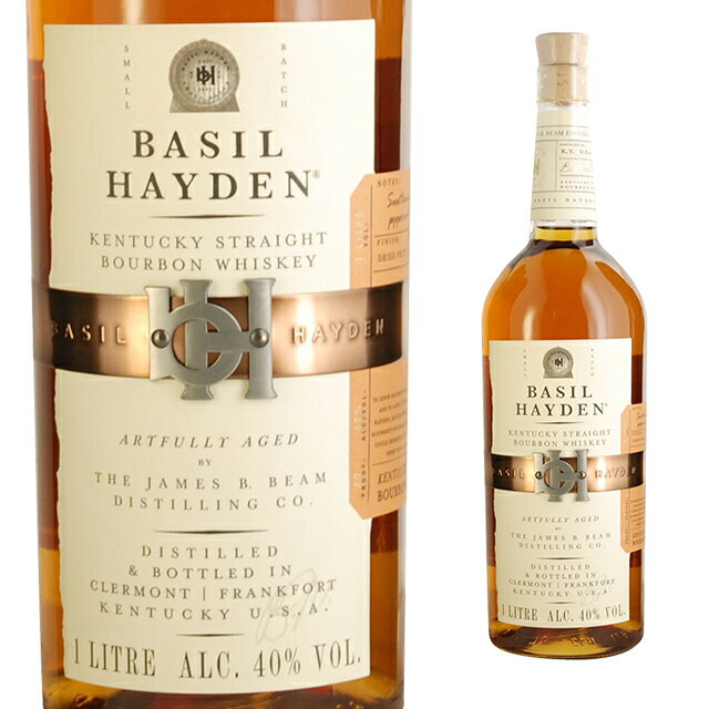 BASIL HAYDEN'S貯蔵庫最下段で8年超、なめらかな香味のピークを迎えるまでじっくりと熟成されます。ビーム家が造るクラフトバーボンの中では異質で、ノブ クリーク、ブッカーズは長熟でアルコール度数が高くパワフルなコクとなめらかさを特長としていましたが、ベイゼル ヘイデンは極めてスムーズな飲み口に仕上げられているクラフトバーボンです。ライ麦比率は、あのジムビームの2倍以上で、独特のスパイシーさがあり、アルコール度数を40％に抑えた、極めてスムーズな飲み口を楽しめます。カクテル「マンハッタン」、「オールドファッションド」ベースにもおすすめです。-----------------------------------------------------------------------【産地】 アメリカ/ケンタッキー【生産者】 ジェームズ B ビーム ディスティリング社【度数】40度【容量】1000ml-----------------------------------------------------------------------お酒 引越し 挨拶 就職祝い 退職祝い 結婚祝い 新築祝い 快気祝い 全快祝い還暦祝い 長寿祝い 内祝い開店祝い お返し 手土産 ディナーパーティ 誕生日 ギフト 引出物 記念品 ゴルフコンペ 御中元 お中元 お歳暮 御歳暮 暑中見舞い 残暑見舞い 年末年始 お正月　父の日 母の日【ギフト包装はこちら】