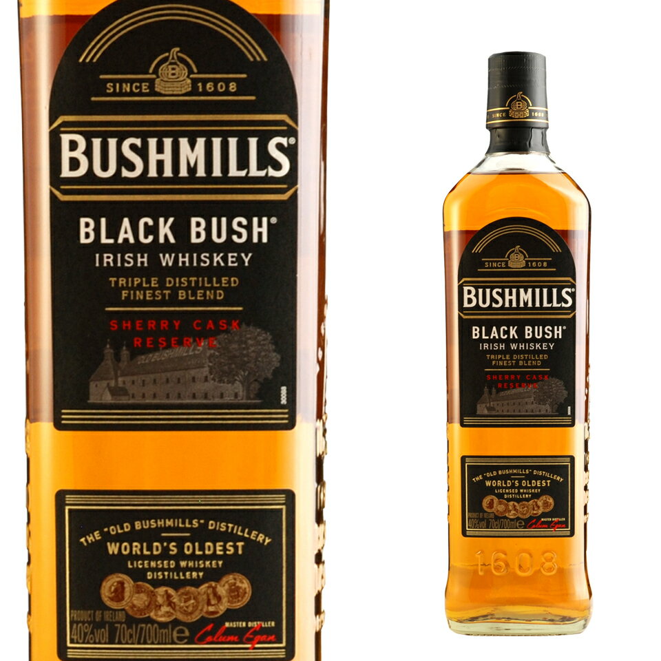 BLACK BUSH BUSHMILLS1608年創業とも言われ、現在操業中のアイリッシュウイスキー蒸溜所の中では最古の歴史を誇る蒸溜所。アイリッシュウイスキー伝統の3回蒸溜を守りつつ、アイリッシュウイスキーで一般的に使用される未発芽の麦は使用せず、ノンピート麦芽100％のモルト原酒にこだわっています。オロロソシェリー樽とバーボン樽で最長7年長期熟成させたモルト原酒を80％以上使用し、少量生産のグレーンウイスキーとブレンド。シェリー樽熟成由来の熟した果実の香りと重厚な味わいが特徴です。ブッシュミルズ一覧はこちら----------------------------------------------------------------------- 【産地】 アイルランド 【生産者】 ジ オールド ブッシュミルズディスティラリー社 【度数】 40度 【内容量】 700ml -----------------------------------------------□お酒 引越し 挨拶 定年退職 退職祝い 男性 女性 父 母 彼氏 ギフト 内祝い 退職 お礼 誕生日 プレゼント 結婚祝い ウイスキー アイリッシュ ウィスキー 洋酒 ブラック・ブッシュ結婚引出物 結婚内祝い 結婚御祝い 快気祝い 全快祝い 新築内祝い 上棟祝い 長寿祝い 就職内祝い 他各種内祝い・お返し 新築祝い 初老祝い 古稀祝い 喜寿祝い 傘寿祝い 米寿祝い 卒寿祝い 白寿祝い 長寿祝い お返し お中元・お歳暮 年始挨拶 ゴルフコンペ 記念品 賞品 暑中見舞い 残暑見舞い 【ギフト包装一覧はこちら】