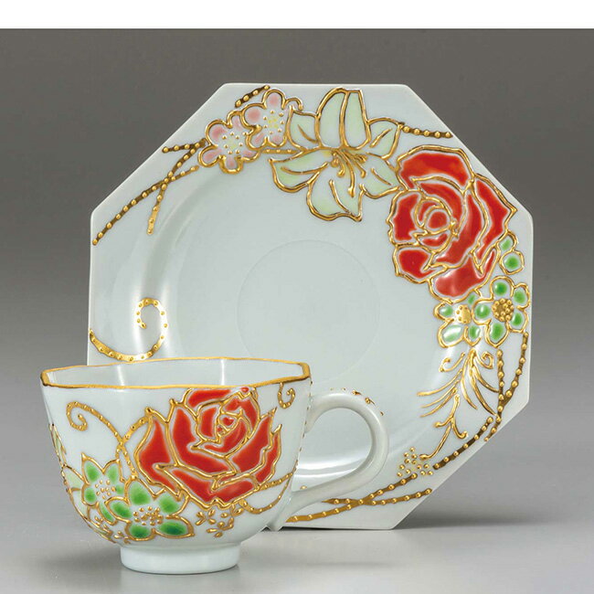 九谷焼 カップソーサー バラ 碗皿 珈琲 紅茶 日本製 ギフト うつわ 陶磁器