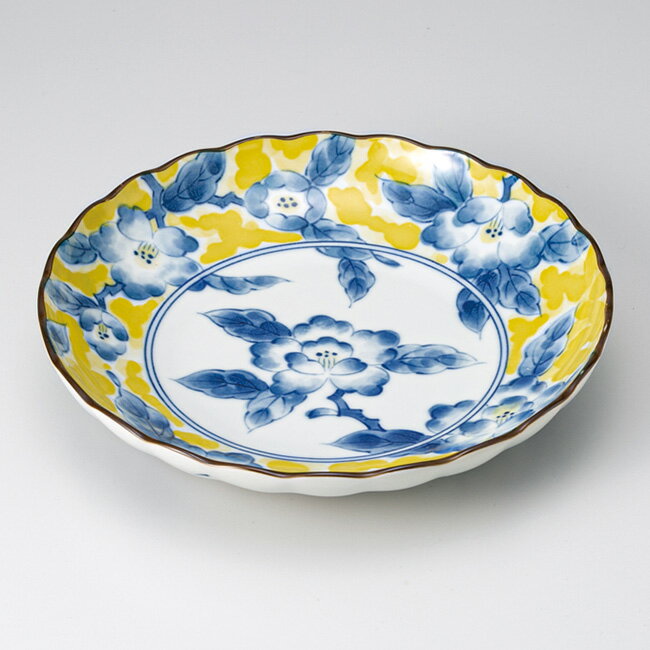 和食器 黄彩花紋 菊形 前菜皿 23×4.3cm 取り皿 パスタ カレー プレート おうちカフェ おうちごはん 軽井沢 春日井