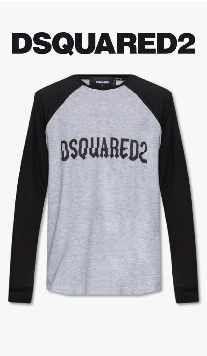 DSQUARED2(ディースクエアード)プリントロゴロングスリーブT【黒/ブラック/グレー】【S74GD1107】【長袖】【ブランドロゴ】【ラグランT】【袖ロゴ】【メンズ】【ロゴプリント】【2023春夏新作】