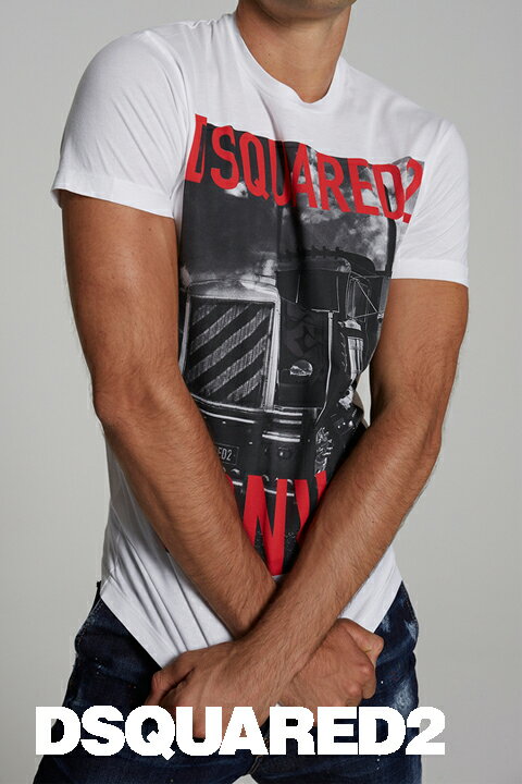 DSQUARED2(ディースクエアード)プリントロゴTシャツ【Truck Convoy T-Shirt】【ホワイト/白】【S74GD0647】【LEON・Safari掲載ブランド】【半袖】【丸首】【ブランドロゴ】【メンズ】【ジャージ素材】【背面無地】【2020春夏新作】