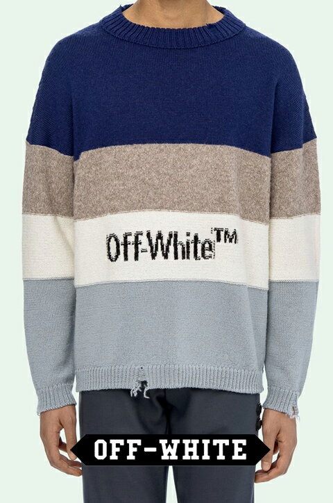 OFF-WHITE(オフホワイト)ニット【青/ブルー/グレー/ベージュ】【メンズ】【STRIPED SWEATER】【OMHE016E19E370323010】【2019年秋冬新作】【袖プリント】【ロゴプリント】【ウール】【羊毛】【入手困難】【インナー】【送料無料】