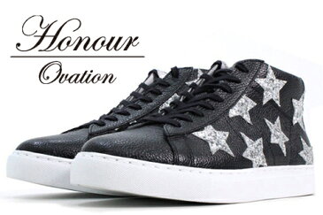 Honour Ovation(アナーオベーション)ハイカットSTARデザインスニーカー【メンズ】【黒/ブラック】【3070-Black/Silver】【3070】【雑誌OCEANS・WOOFIN' 掲載ブランド】【銀/シルバー】【星】【シューズ/ブーツ】【ユニセックス】【送料無料】