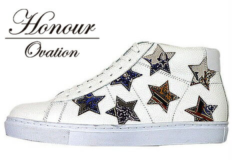 Honour Ovation(アナーオベーション)ハイカットSTARデザインスニーカー【メンズ】【白/ホワイト】【White/Purplepattern】【3070】【雑誌OCEANS・WOOFIN' 掲載ブランド】【紫/パープル】【星】【シューズ/ブーツ】【メンズ】【送料無料】