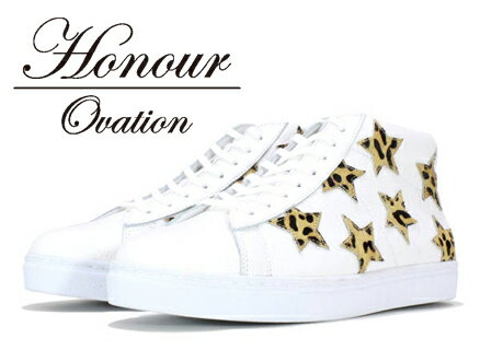 Honour Ovation(アナーオベーション)ハイカットSTARデザインスニーカー【メンズ】【白/ホワイト】【White/LEOPARED】【3070】【雑誌OCEANS・WOOFIN' 掲載ブランド】【ヒョウ柄】【レオパード】【星】【シューズ/ブーツ】【メンズ】【送料無料】