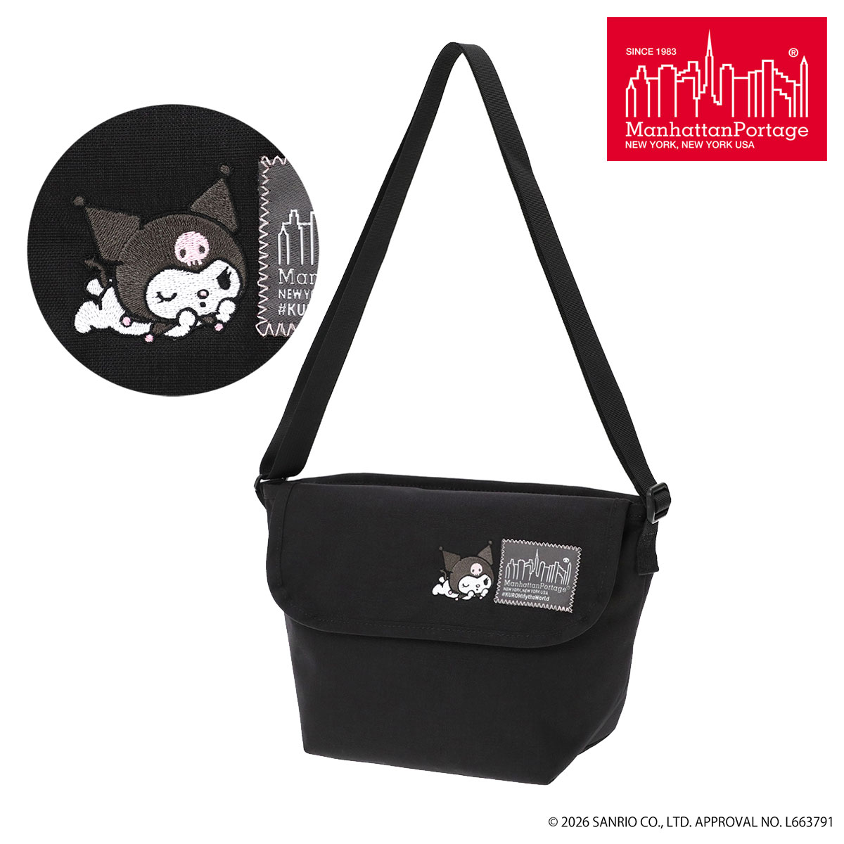 【全品10倍★3/4(水)20時～】マンハッタンポーテージ ショルダーバッグ クロミ サンリオ レディース MP1603BPDMGNT500KRM manhattanportage Kuromi メッセンジャーバッグ ミニショルダー 刺繍 キャラクター[即日発送]