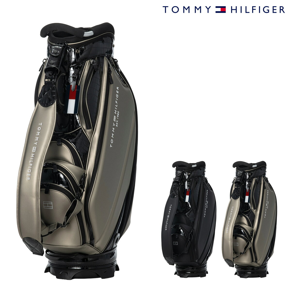 ITEM SPEC COLOR VARIATION ブランド：Tommy Hilfiger トミーヒルフィガー ネオクラシックシリーズのカートキャディバッグ。付属生地にクロコエンボスの合皮を使用し、ノスタルジックな雰囲気を演出。マットな本体生地とブラック塗装の金具が全体を引き締め、ふっくらと盛り上げたサイドパネルが立体感を強調。現代的なパイプハンドルを採用し、過度な主張を抑えた高周波ロゴが上品さを添える。プロスペックの傘ポケットをはじめ、多彩なポケットを備えた実用性の高い仕様。口枠9型5分割、セパレーター3分割。 サイズ：口径:9.0型 / クラブ対応長さ:46インチ / 仕切分割:5分割 / 重量:5.0kg / クラブ収納数:14本 / ネームプレート素材:アクリル カラー：【10】ブラック【29】ベージュ 素材：合成皮革(PU) 付属：ショルダーベルトネームタグ（名入れ不可）フードカバー ご注意ください： ● 商品の画像は、できるだけ商品に近いカラーにて掲載をしております。 お客様のモニターの発色または設定により、実際の色味と異なる場合もあります。あらかじめご了承ください。 ● メーカーサイズ、もしくは実際に測った寸法となります。商品の素材等の個体差により、若干サイズのばらつきがあります。サイズはあくまでも目安としてお考えください。 ● 天然皮革・素材を使用している商品によっては、天然素材の特性上、部位により風合いやシミ・シワ感や焦げ、濃淡など多少の個体差がある場合があります。あらかじめご了承ください。
