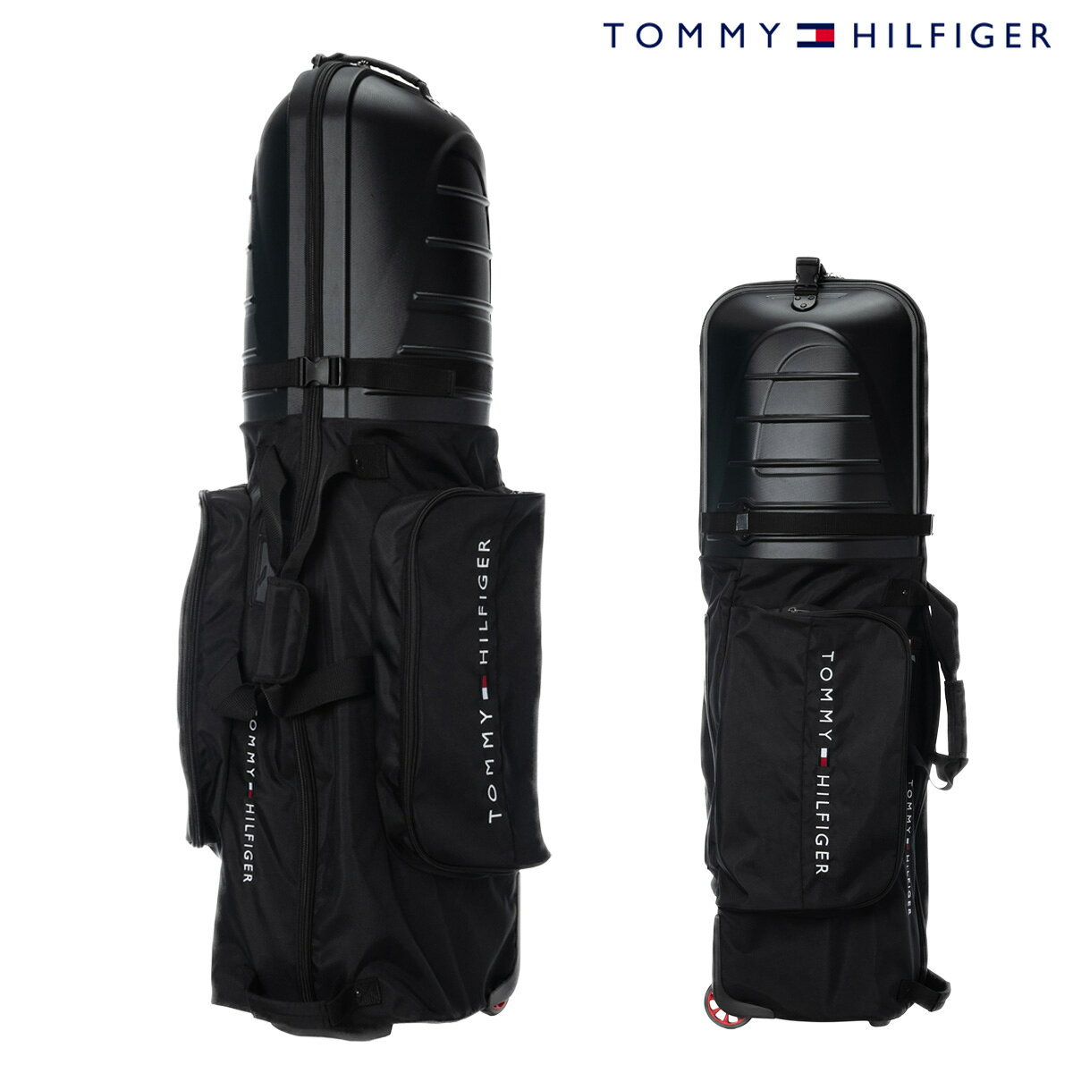 ITEM SPEC COLOR VARIATION ブランド：Tommy Hilfiger トミーヒルフィガー タイヤ付きのトラベルカバー。9型46インチまで対応し、キャスター付きで持ち運びが簡単。裏地を装備し、ハードシェルのABSトップがクラブをしっかり保護。使用しない時はハードシェル内に本体下部を収納でき、コンパクトに折りたたみ可能。 ※使用時の注意点:必ず横に寝かせて保管すること。立てたまま放置すると転倒の恐れあります。 サイズ：9型46インチまで対応 カラー：【10】ブラック 素材：ポリエステル×ABS樹脂 仕様：側面：ファスナーポケット×2 ご注意ください： ● 商品の画像は、できるだけ商品に近いカラーにて掲載をしております。 お客様のモニターの発色または設定により、実際の色味と異なる場合もあります。あらかじめご了承ください。 ● メーカーサイズ、もしくは実際に測った寸法となります。商品の素材等の個体差により、若干サイズのばらつきがあります。サイズはあくまでも目安としてお考えください。 ● 天然皮革・素材を使用している商品によっては、天然素材の特性上、部位により風合いやシミ・シワ感や焦げ、濃淡など多少の個体差がある場合があります。あらかじめご了承ください。