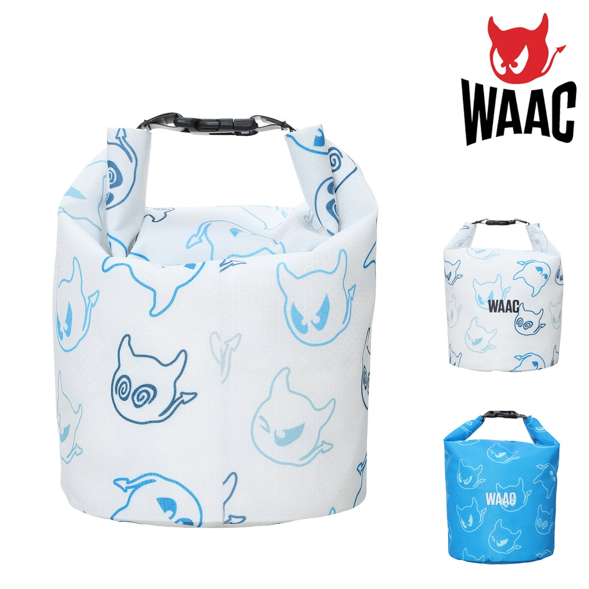 ITEM SPEC COLOR VARIATION ブランド：WAAC ワック ワッキーの総柄デザインが目を引く、遊び心のあるICEバッグ。内側は防水・保冷仕様になっており、氷や保冷剤、ボトルなどを入れて持ち運びが可能です。夏のゴルフラウンドでのドリンクや冷却グッズの保管にも最適です。軽量でコンパクトに折り畳めるため持ち運びやすく、口部分はロールトップ仕様でしっかり密閉できる設計。漏れにくく安心してご使用いただけます。ゴルフシーンはもちろん、アウトドアやレジャーなど幅広いシーンで活躍する便利なアイテムです。 サイズ：縦：34.2cm横：29.5cmマチ：17cm カラー：ホワイトチャコールグレーロイヤルブルー 素材：ポリエステル100% ご注意ください： ● 商品の画像は、できるだけ商品に近いカラーにて掲載をしております。 お客様のモニターの発色または設定により、実際の色味と異なる場合もあります。あらかじめご了承ください。 ● メーカーサイズ、もしくは実際に測った寸法となります。商品の素材等の個体差により、若干サイズのばらつきがあります。サイズはあくまでも目安としてお考えください。 ● 天然皮革・素材を使用している商品によっては、天然素材の特性上、部位により風合いやシミ・シワ感や焦げ、濃淡など多少の個体差がある場合があります。あらかじめご了承ください。