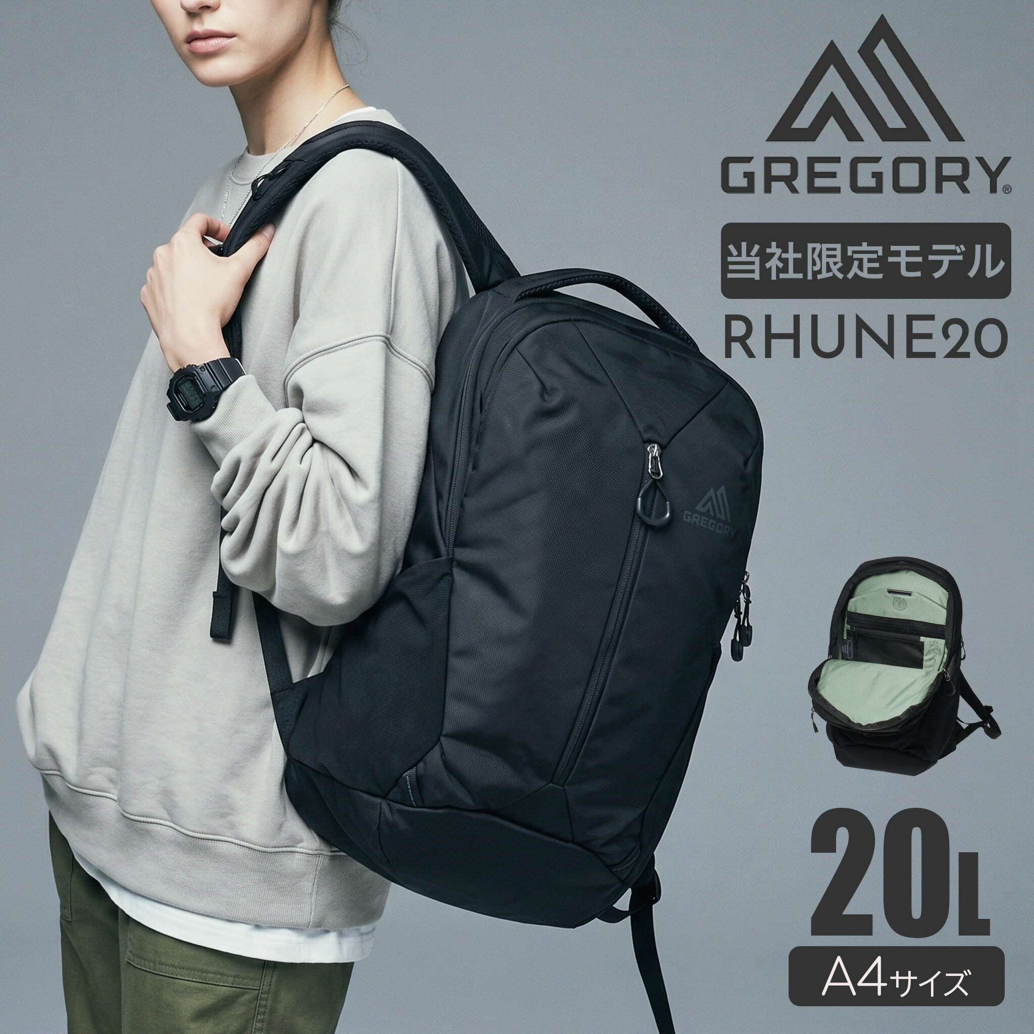 別注 グレゴリー リュック ルーヌ20 当社限定 A4 20L 15インチ RHUNE20 DRC GREGORY デイパック リュックサック 軽量 撥水 ロビックエアー カジュアル ビジネス 通勤 通学 パソコン PC収納 オールブラック 男女兼用 即日発送