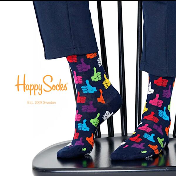 ハッピーソックス 靴下 レディース Happy Socks ハッピーソックス 靴下 レディース メンズ ブランド おしゃれ ソックス くつ下 可愛い かわいい クルー丈 綿混 カラフル カジュアル ビジネス 総柄 ネイビー 紺 ギフト プレゼント 誕生日 THUMBS UP SOCK 2023 秋 秋冬 冬