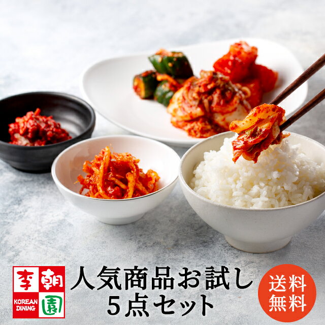 【送料無料】 キムチお試し5点セット 白菜キムチ 大根キムチ 胡瓜キムチ チャンジャ スルメ 韓国食品 韓国料理 韓国 【李朝園】