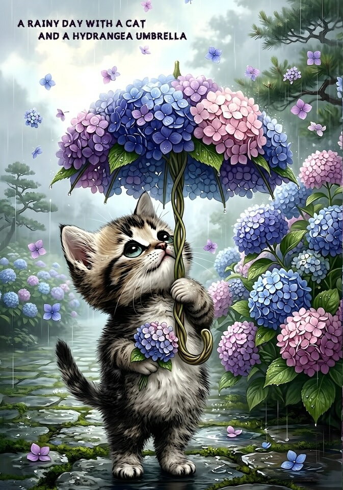 Rakuten - 新入荷 生地 ハンドメイド素材 パネル生地 猫 雨 紫陽花 梅雨